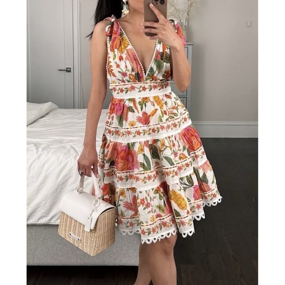 FARM Rio Dresses & Skirts - Farm Rio Macaw Bloom Tie Shoulder Mini Dress Large Ruffle Botanical Floral Zip